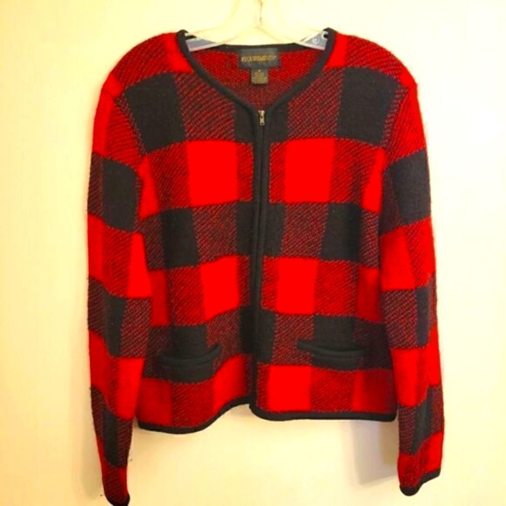 Vintage 100% Wool Buffalo Check Plaid Requirements Zip-up Long Sleeve Cardigan